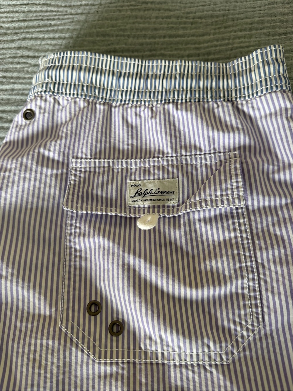 Ralph Lauren Men’s Blue, Green and White Striped Swim Shorts